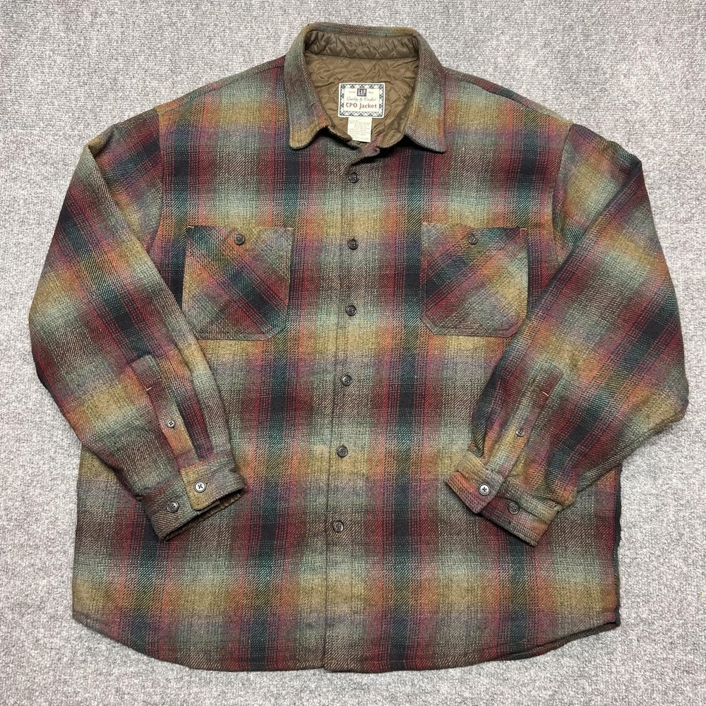 Vintage Gap CPO Jacket Mens XL Multicolor Plaid Quilted Flannel Shirt Lined